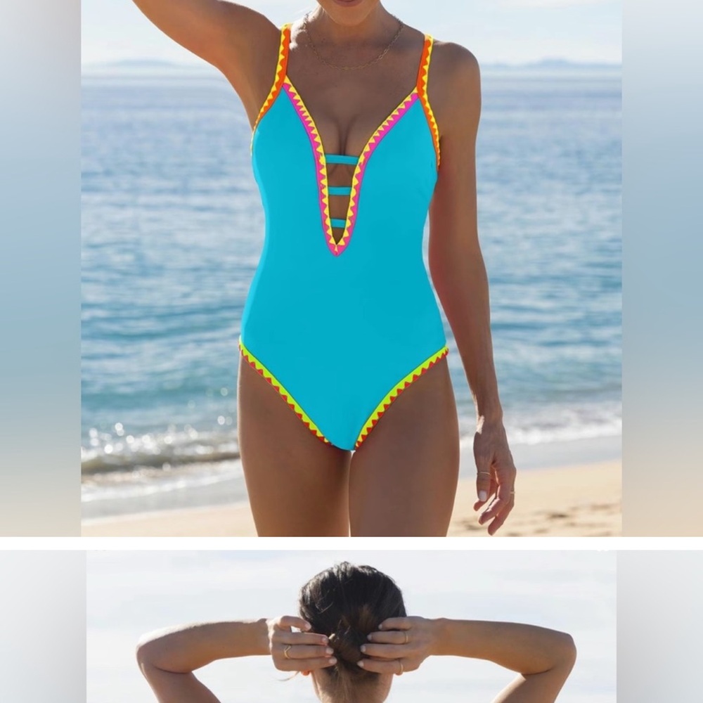 Vibrant Blue One-Piece Swimsuit with Yellow and Pink Accents